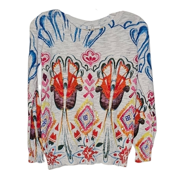 Desigual White Lightweight Cotton Sweater Colourful Florals Sequins Embroidery M - Picture 2 of 10